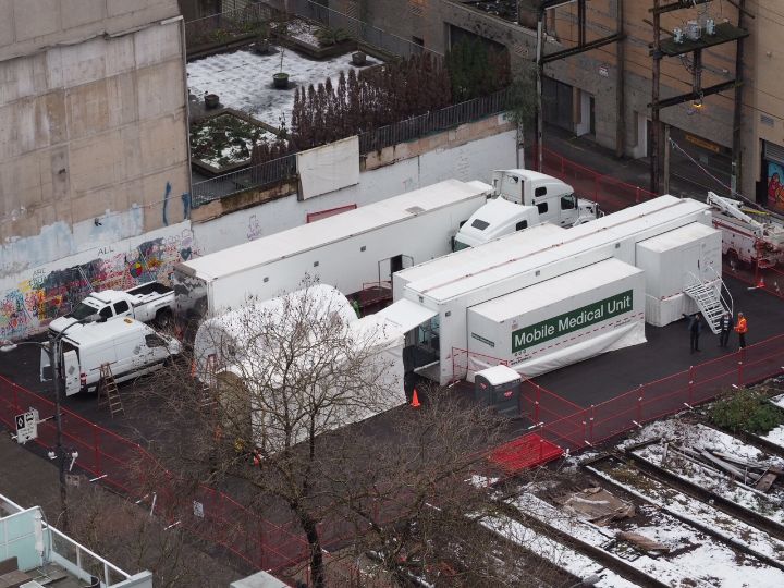 Overhead view of the Mobile Medical Unit and supply trailer